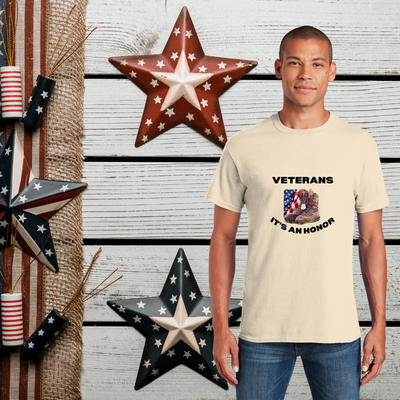 Patriotic design featuring bold lettering and military-inspired elements with the phrase “Veterans – It’s An Honor,” honoring those who served in the armed forces.