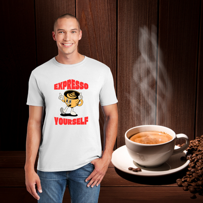 T-shirt design featuring the pun “Expresso Yourself” with playful coffee-themed graphics, perfect for caffeine lovers with a strong voice and stronger brew.