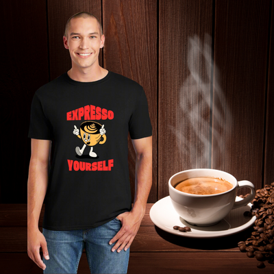 T-shirt design featuring the pun “Expresso Yourself” with playful coffee-themed graphics, perfect for caffeine lovers with a strong voice and stronger brew.