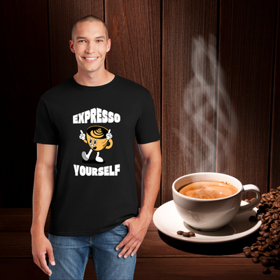 T-shirt design featuring the pun “Expresso Yourself” with playful coffee-themed graphics, perfect for caffeine lovers with a strong voice and stronger brew.
