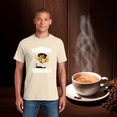T-shirt design featuring the pun “Expresso Yourself” with playful coffee-themed graphics, perfect for caffeine lovers with a strong voice and stronger brew.