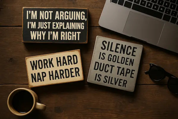 “Flat-lay of sarcastic and funny plaques with bold witty quotes on wood and metal, styled on rustic background.”