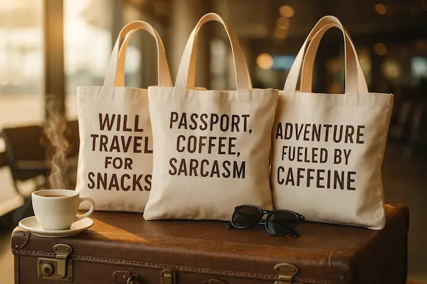 “Travel-themed tote bags with funny quotes beside suitcase and coffee cup in warm sunlight, ready for adventure.”