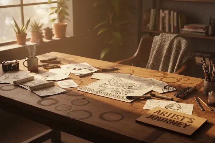 “Creative workspace behind Teka Originals designs – sketches, coffee cup, handmade gift ideas.”