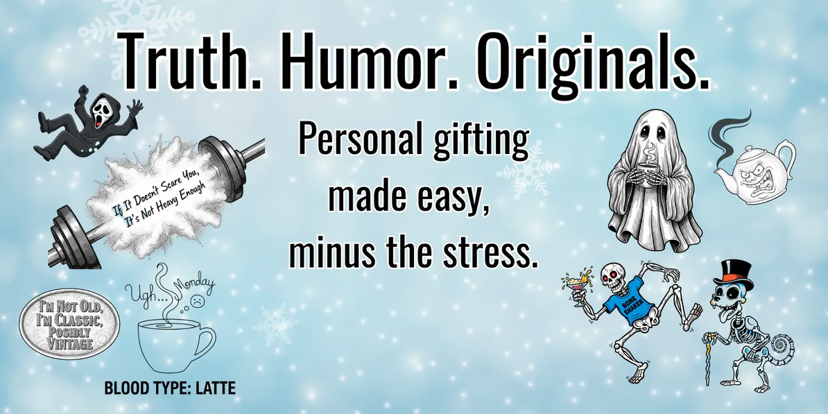 Cartoon skeletons and coffee-themed text on a light blue background with snowflakes.