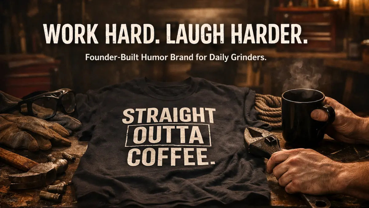 T-shirt with 'Straight Outta Coffee' text on a rustic background with coffee mug and tools.