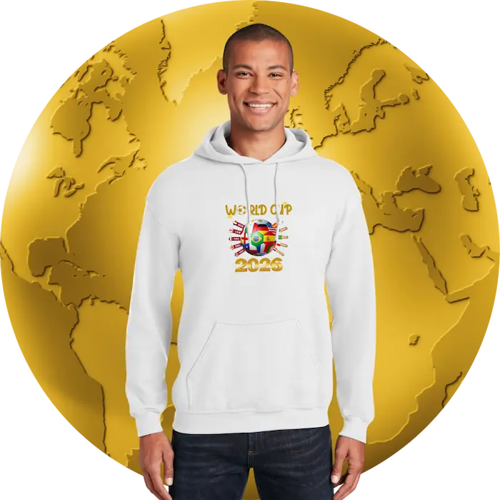 Person wearing a white hoodie with 'World Cup 2023' text and flags, standing in front of a yellow world map.