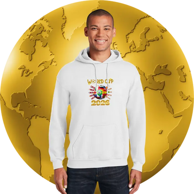 Person wearing a white hoodie with 'World Cup 2023' text and flags, standing in front of a yellow world map.