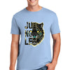 Cyberpunk-style neon tiger T-shirt featuring a glowing futuristic jungle beast in vibrant blues, pinks, and purples on a black background.