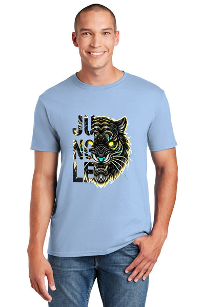 Cyberpunk-style neon tiger T-shirt featuring a glowing futuristic jungle beast in vibrant blues, pinks, and purples on a black background.