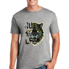 Cyberpunk-style neon tiger T-shirt featuring a glowing futuristic jungle beast in vibrant blues, pinks, and purples on a black background.