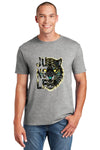 Cyberpunk-style neon tiger T-shirt featuring a glowing futuristic jungle beast in vibrant blues, pinks, and purples on a black background.
