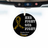 Yellow ribbon ornament with "HER FIGHT OUR FIGHT" etched design, supporting ovarian cancer awareness and research.