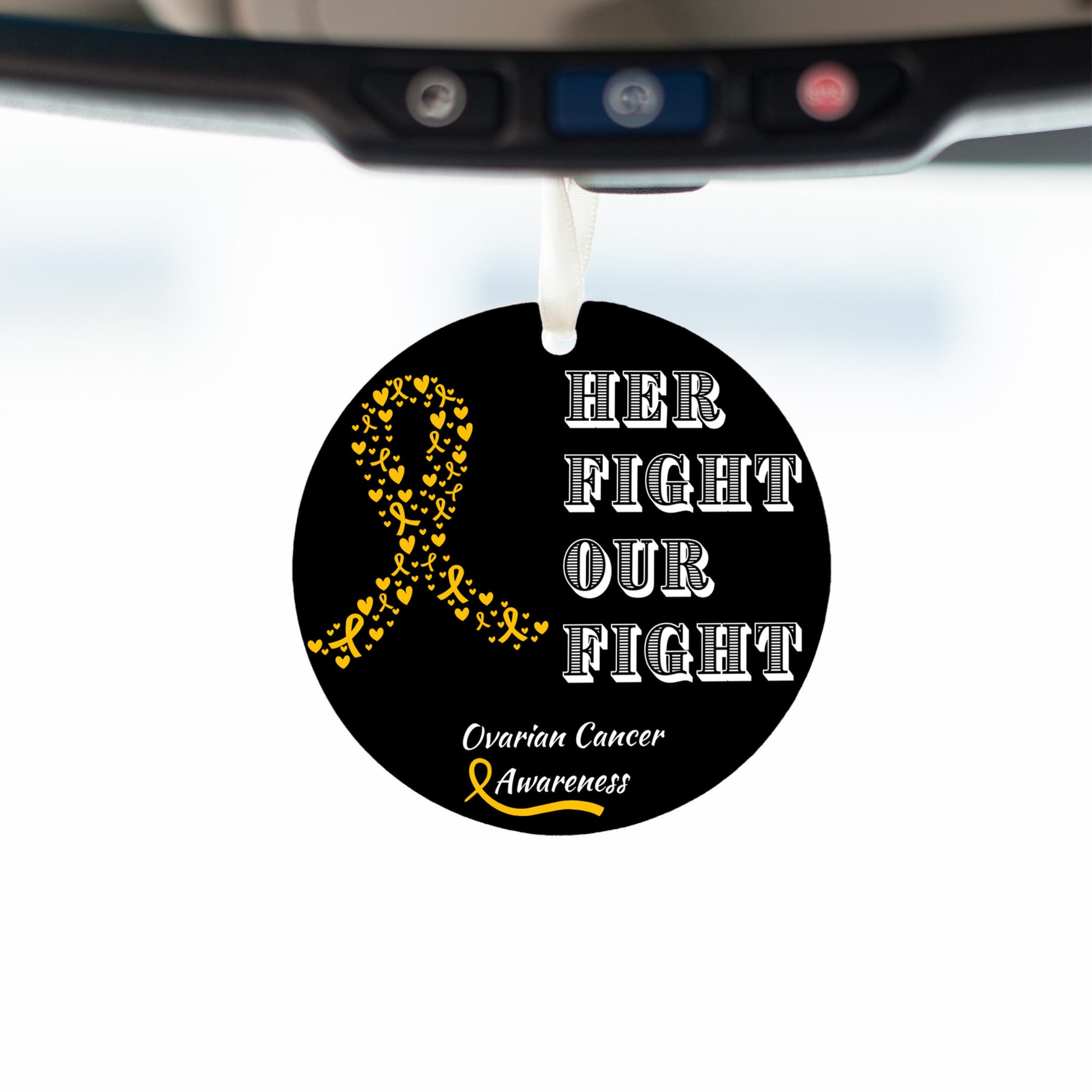 Yellow ribbon ornament with "HER FIGHT OUR FIGHT" etched design, supporting ovarian cancer awareness and research.