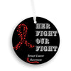 Red ribbon breast cancer ornament for awareness and fundraising.