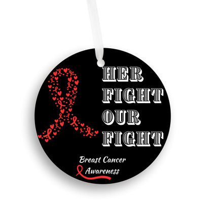 Red ribbon breast cancer ornament for awareness and fundraising.