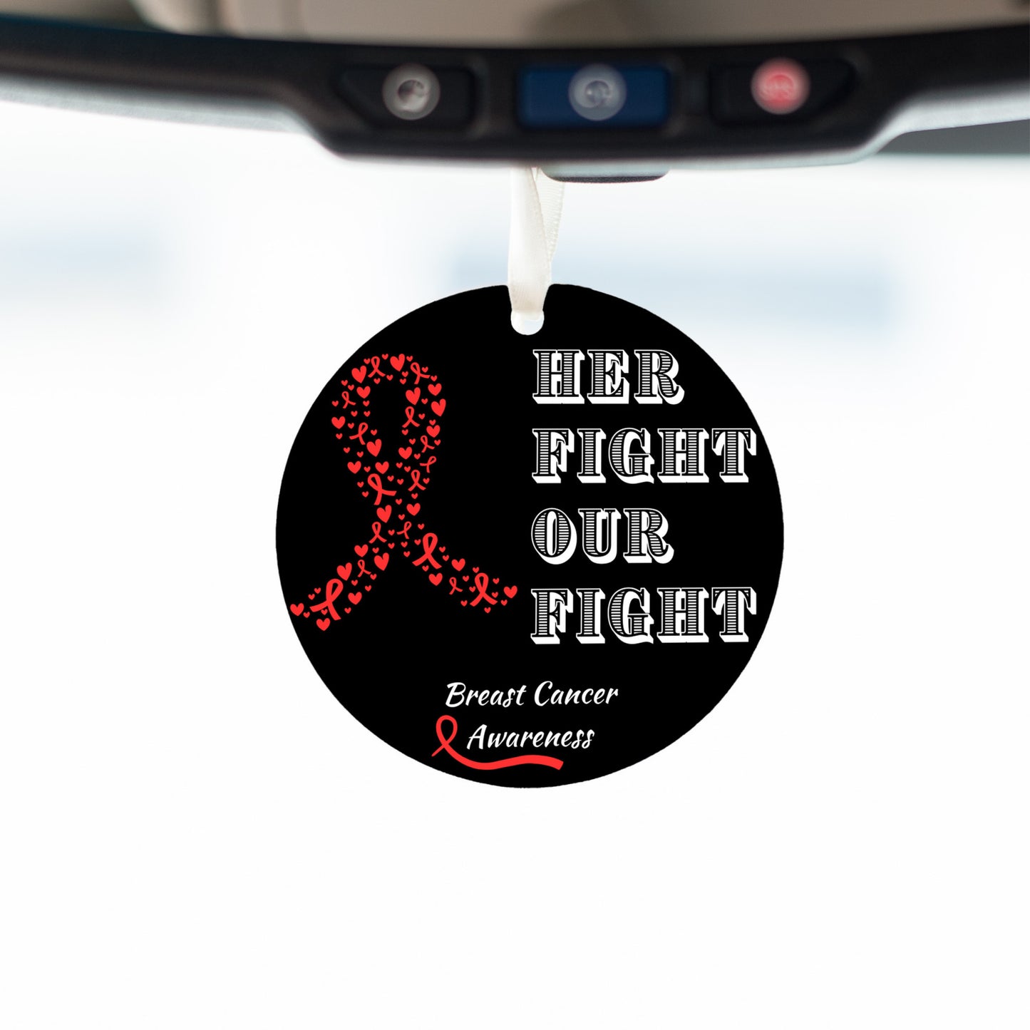 Red ribbon breast cancer ornament for awareness and fundraising.