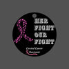 Pink and white ribbon ornament with “HER FIGHT OUR FIGHT” message supporting cervical cancer awareness and research.