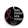 Pink and white ribbon ornament with “HER FIGHT OUR FIGHT” message supporting cervical cancer awareness and research.