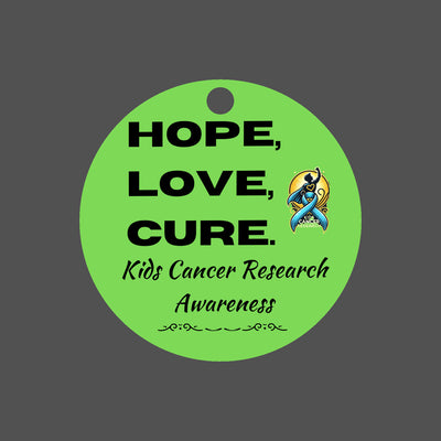 Colorful ribbon ornament with “HOPE, LOVE, CURE” text, supporting pediatric cancer awareness and research fundraising.