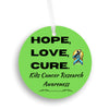 Colorful ribbon ornament with “HOPE, LOVE, CURE” text, supporting pediatric cancer awareness and research fundraising.