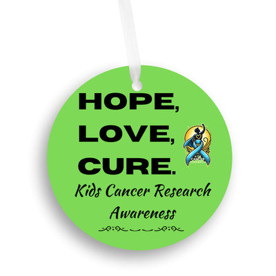 Colorful ribbon ornament with “HOPE, LOVE, CURE” text, supporting pediatric cancer awareness and research fundraising.
