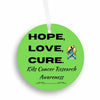 Colorful ribbon ornament with “HOPE, LOVE, CURE” text, supporting pediatric cancer awareness and research fundraising.