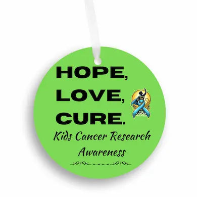 Colorful ribbon ornament with “HOPE, LOVE, CURE” text, supporting pediatric cancer awareness and research fundraising.
