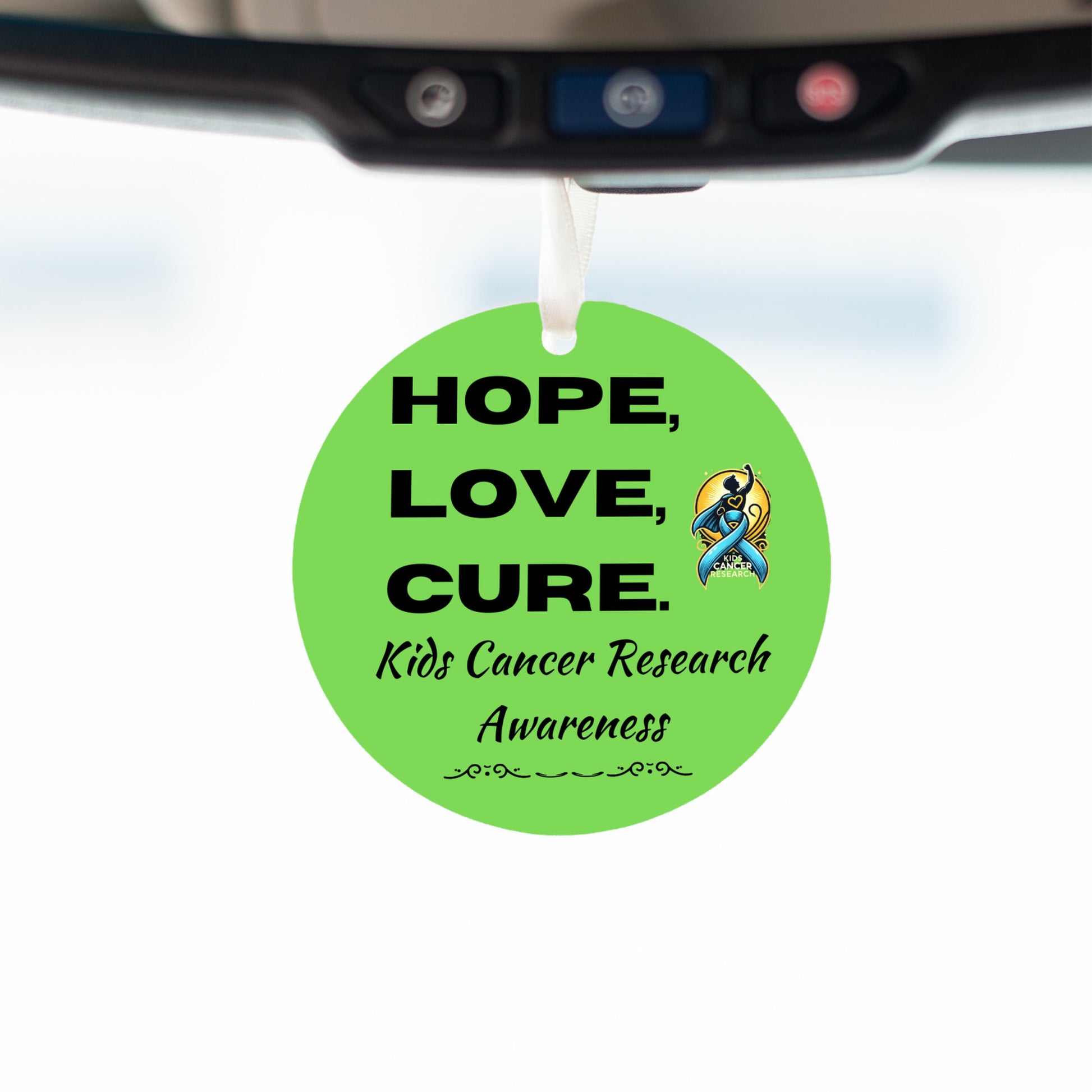 Colorful ribbon ornament with “HOPE, LOVE, CURE” text, supporting pediatric cancer awareness and research fundraising.
