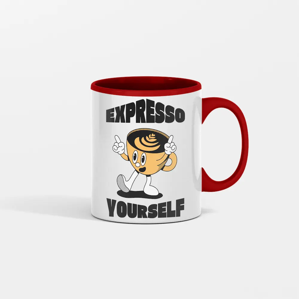 White mug with cartoon cup character and 'Expresso Yourself' text on a kitchen counter.