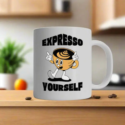 White mug with cartoon cup character and 'Expresso Yourself' text on a kitchen counter.