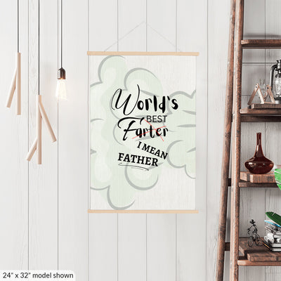 Funny hanging sign that reads "WORLD'S BEST FARTER – I MEAN FATHER" in bold lettering, designed as a humorous gift for dads with a love for dad jokes and fart humor.