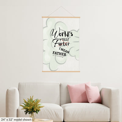 Funny hanging sign that reads "WORLD'S BEST FARTER – I MEAN FATHER" in bold lettering, designed as a humorous gift for dads with a love for dad jokes and fart humor.