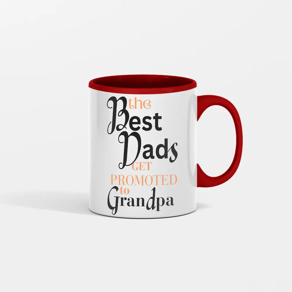 A white mug with the text 'The Best Dads Get Promoted to Grandpa' is displayed alongside a gold-colored fuel pump dispensing coffee beans into the mug, symbolizing fueling the next generation.