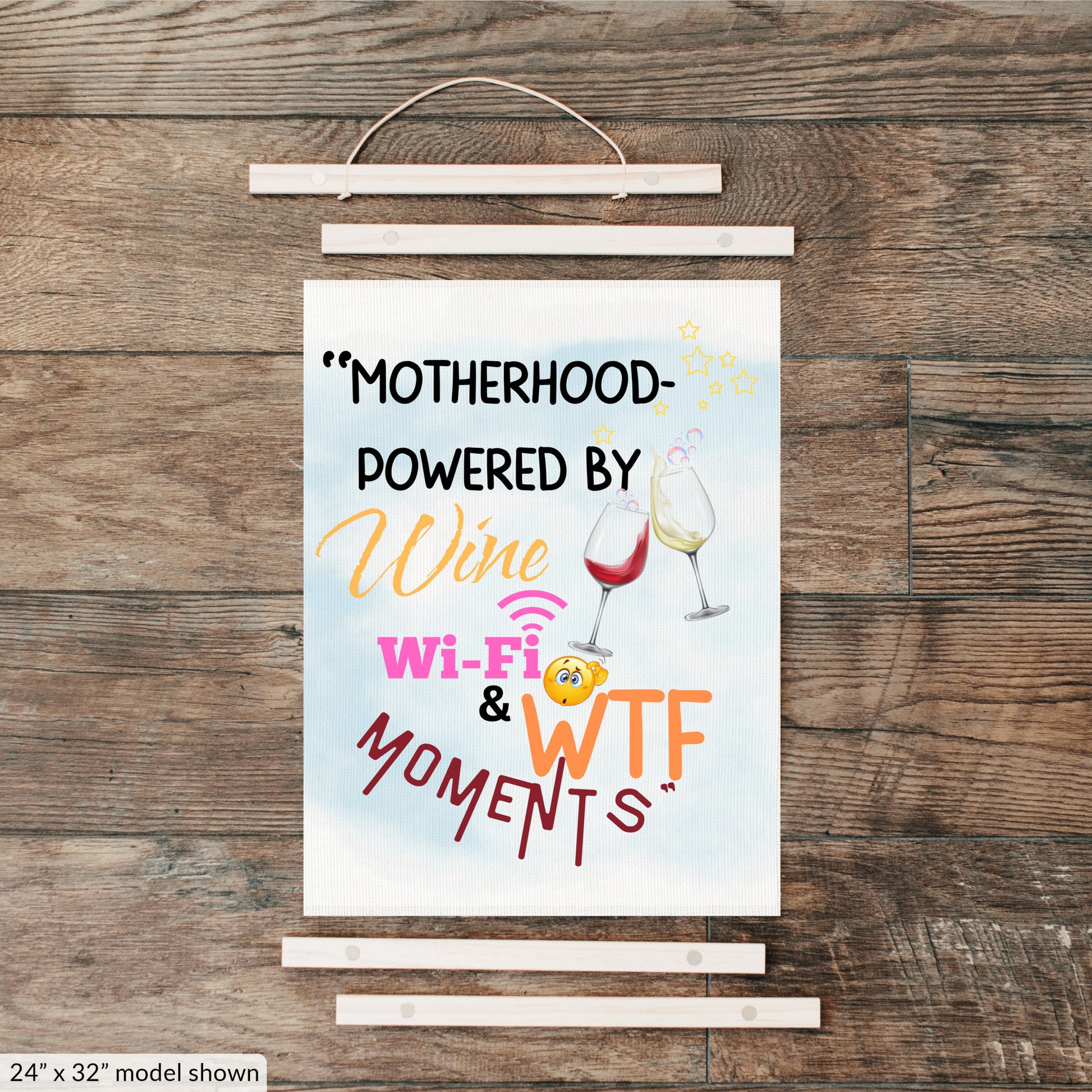 Funny Mother’s Day wall sign – “Motherhood Powered By Win, WiFi, & WTF Moments” hanging canvas quote décor for moms.

