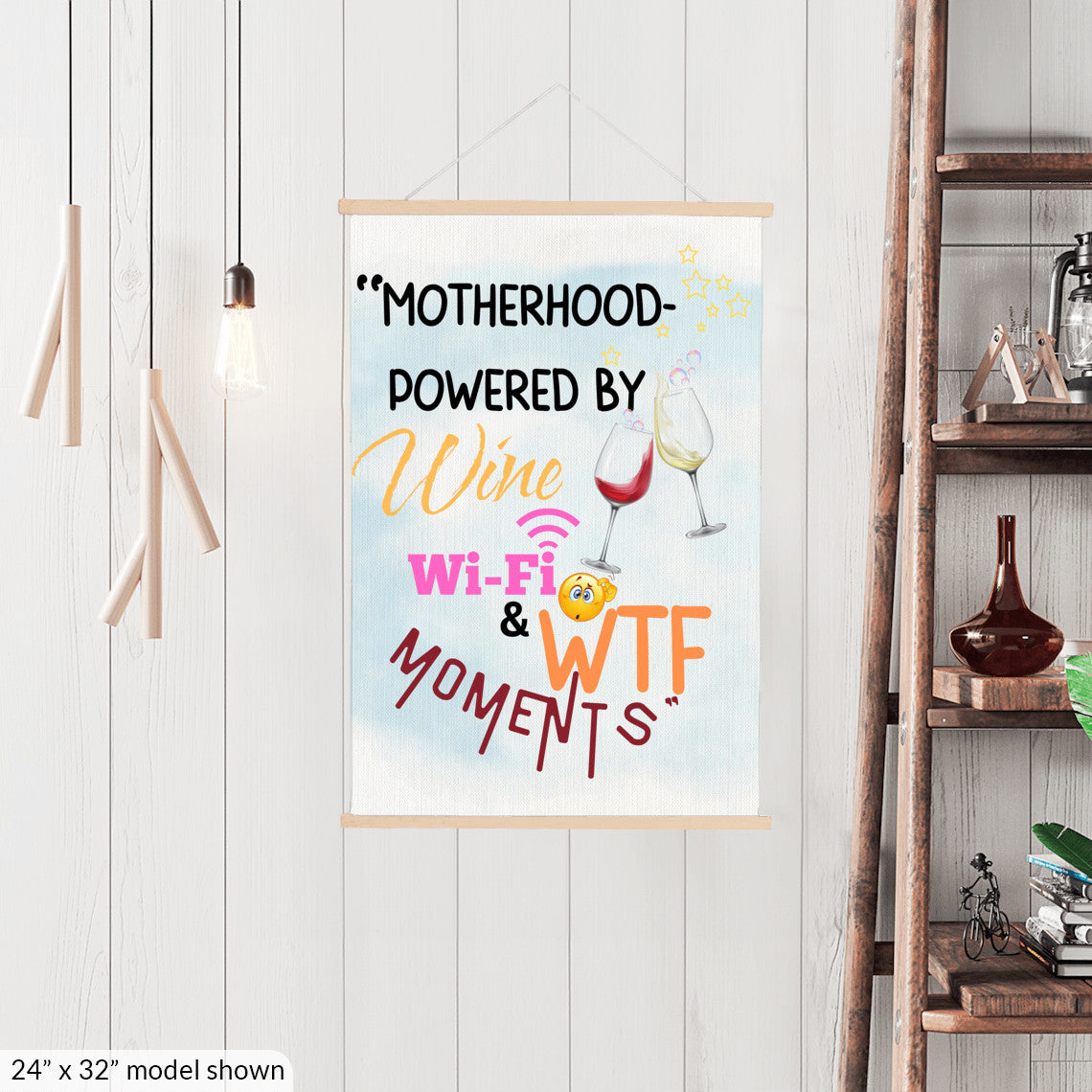 Funny Mother’s Day wall sign – “Motherhood Powered By Win, WiFi, & WTF Moments” hanging canvas quote décor for moms.

