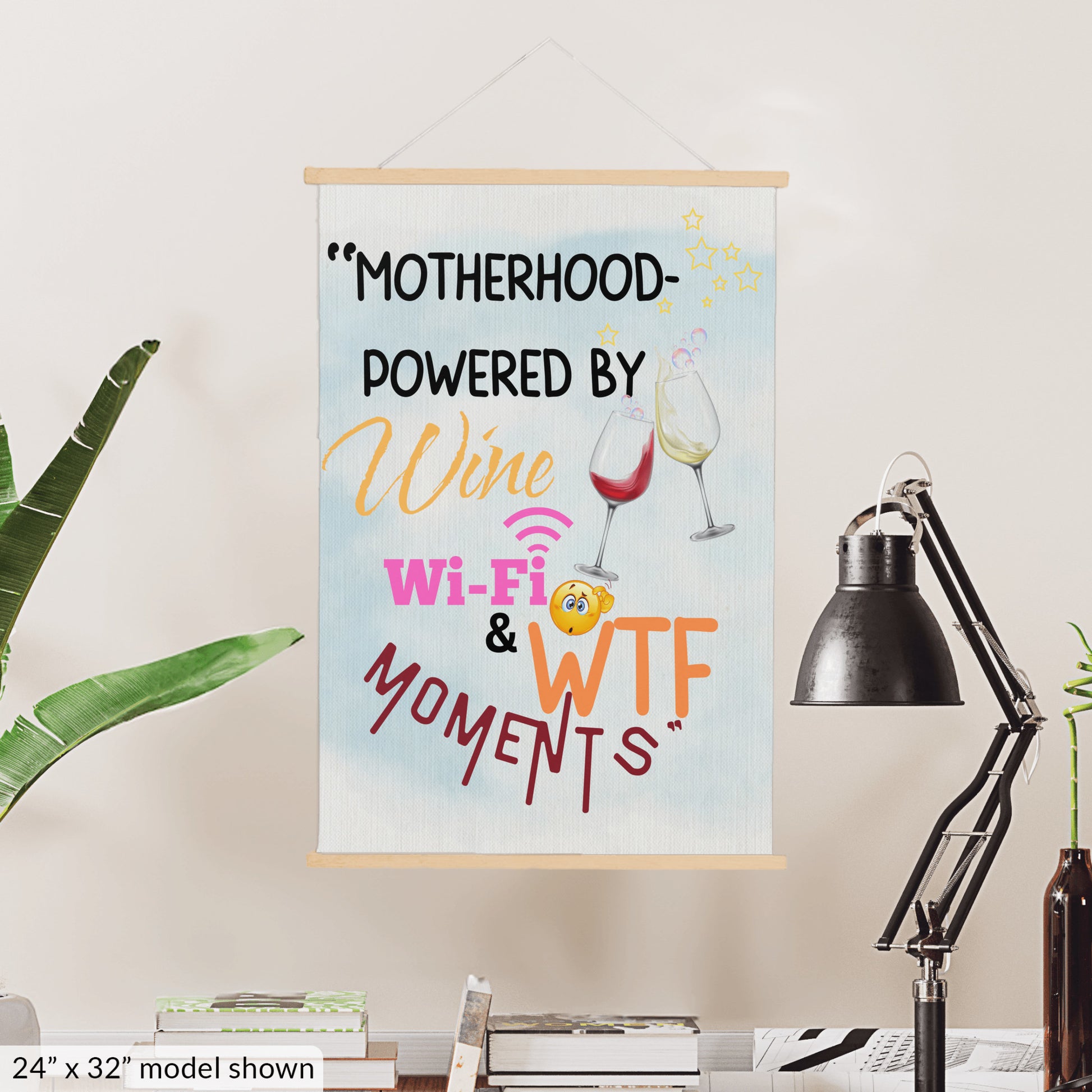 Funny Mother’s Day wall sign – “Motherhood Powered By Win, WiFi, & WTF Moments” hanging canvas quote décor for moms.

