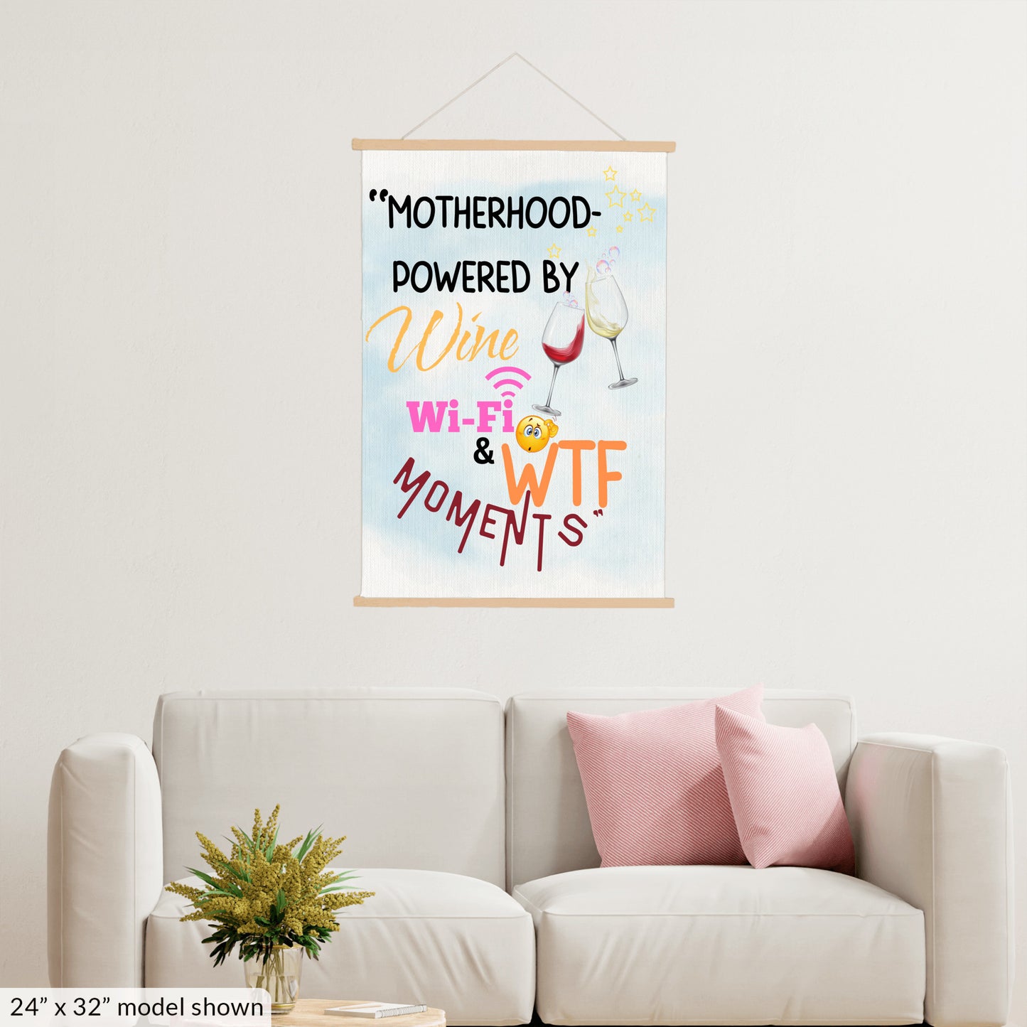Funny Mother’s Day wall sign – “Motherhood Powered By Win, WiFi, & WTF Moments” hanging canvas quote décor for moms.


