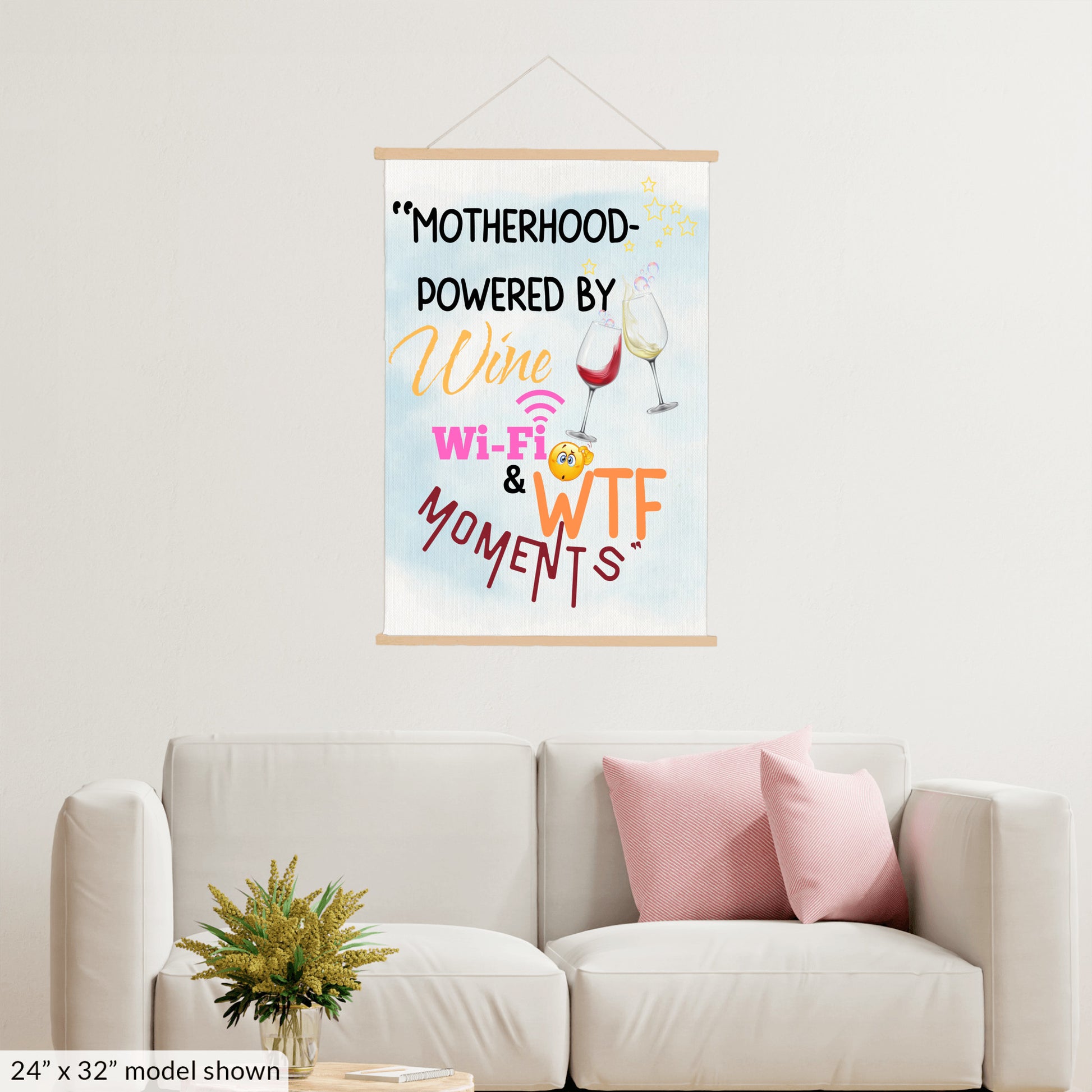 Funny Mother’s Day wall sign – “Motherhood Powered By Win, WiFi, & WTF Moments” hanging canvas quote décor for moms.

