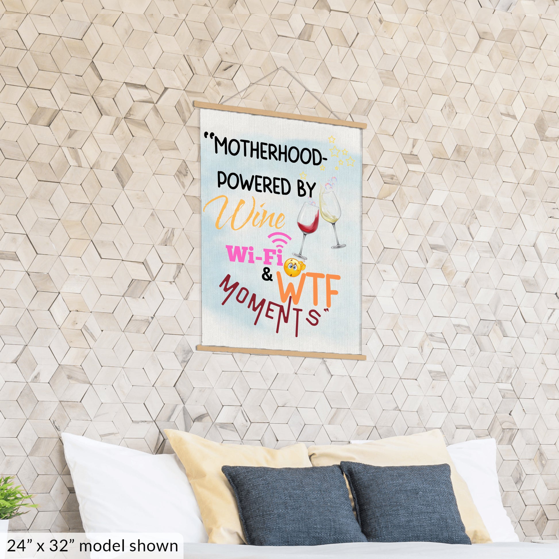 Funny Mother’s Day wall sign – “Motherhood Powered By Win, WiFi, & WTF Moments” hanging canvas quote décor for moms.

