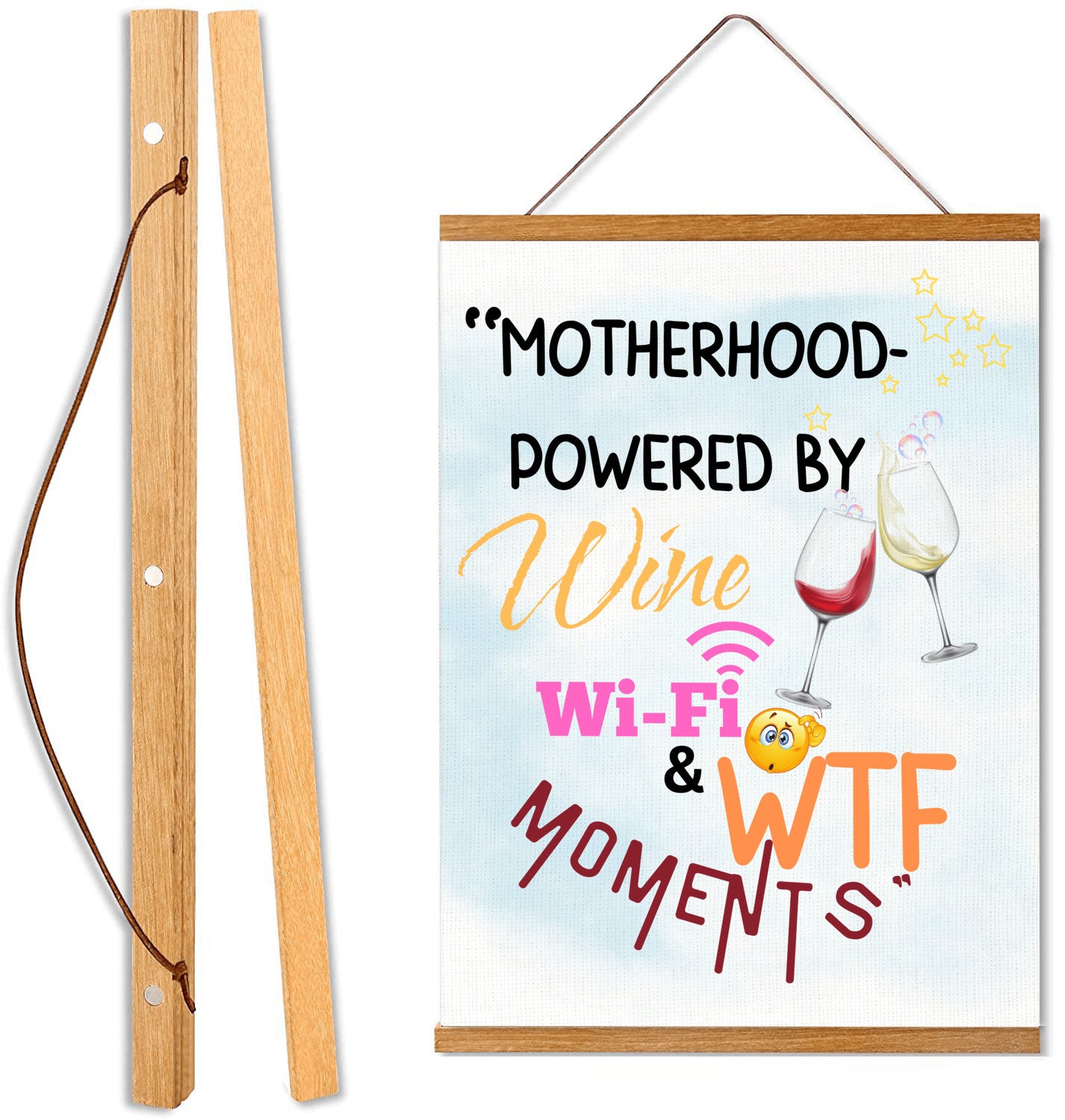 Funny Mother’s Day wall sign – “Motherhood Powered By Win, WiFi, & WTF Moments” hanging canvas quote décor for moms.

