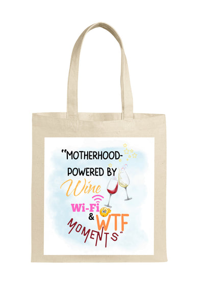 Funny Mother’s Day tote bag – “Motherhood Powered By Win, WiFi, & WTF Moments” quote bag for moms.