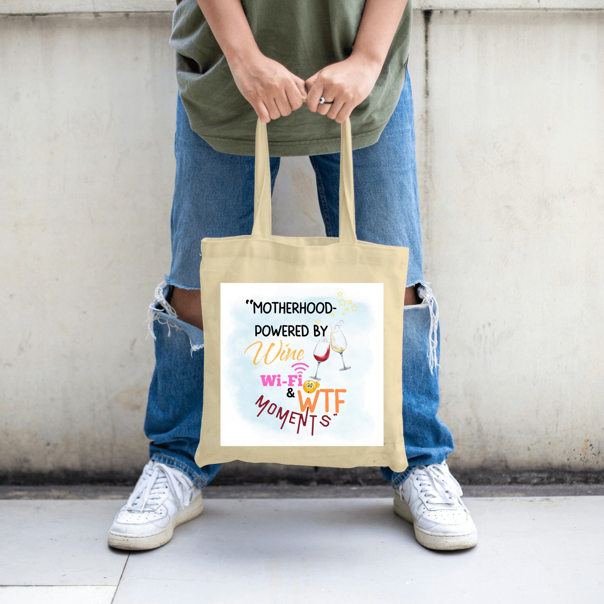 Funny Mother’s Day tote bag – “Motherhood Powered By Win, WiFi, & WTF Moments” quote bag for moms.