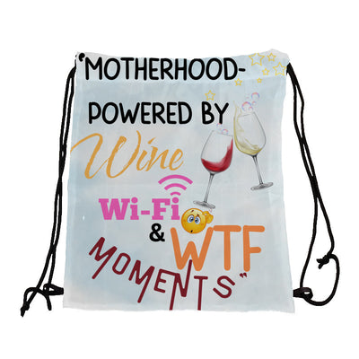 Funny mom drawstring bag – “Motherhood Powered By Win, WiFi, & WTF Moments” quote bag for busy, modern moms.