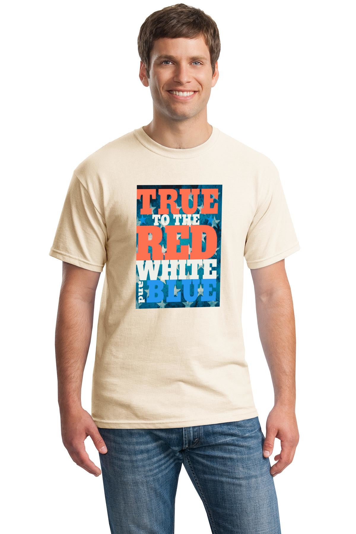 Funny red white and blue patriotic t-shirt for men – “Patriot Drip: Red, White & Boozed” design, July 4th humor shirt


