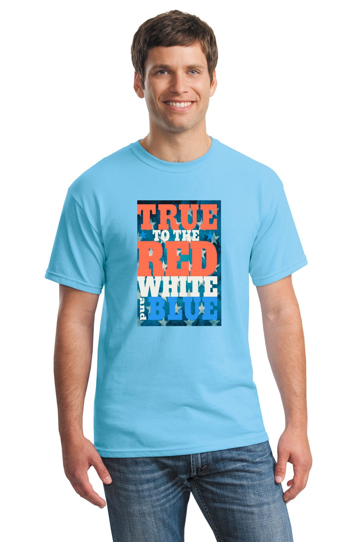 Funny red white and blue patriotic t-shirt for men – “Patriot Drip: Red, White & Boozed” design, July 4th humor shirt





