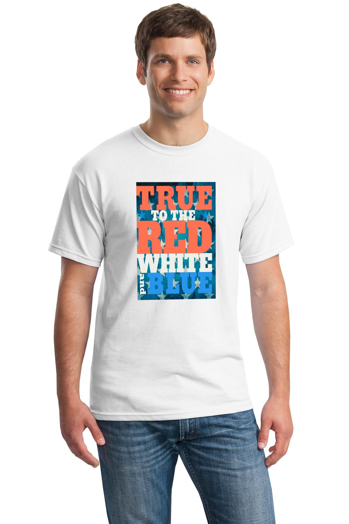 Funny red white and blue patriotic t-shirt for men – “Patriot Drip: Red, White & Boozed” design, July 4th humor shirt


