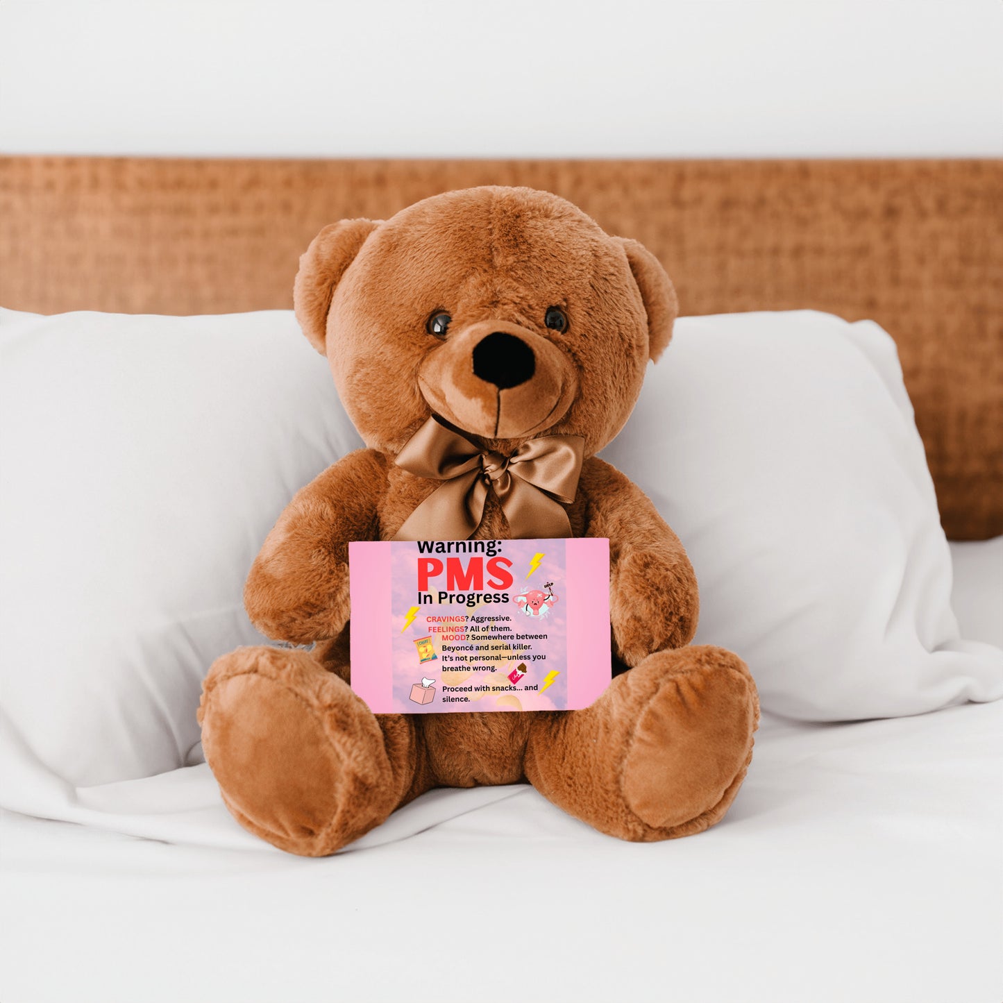 Bold comic-style PMS warning card with a pink storm background, cartoon icons like thunderclouds, chocolate bars, and explosive emojis, delivering a humorous and edgy message.