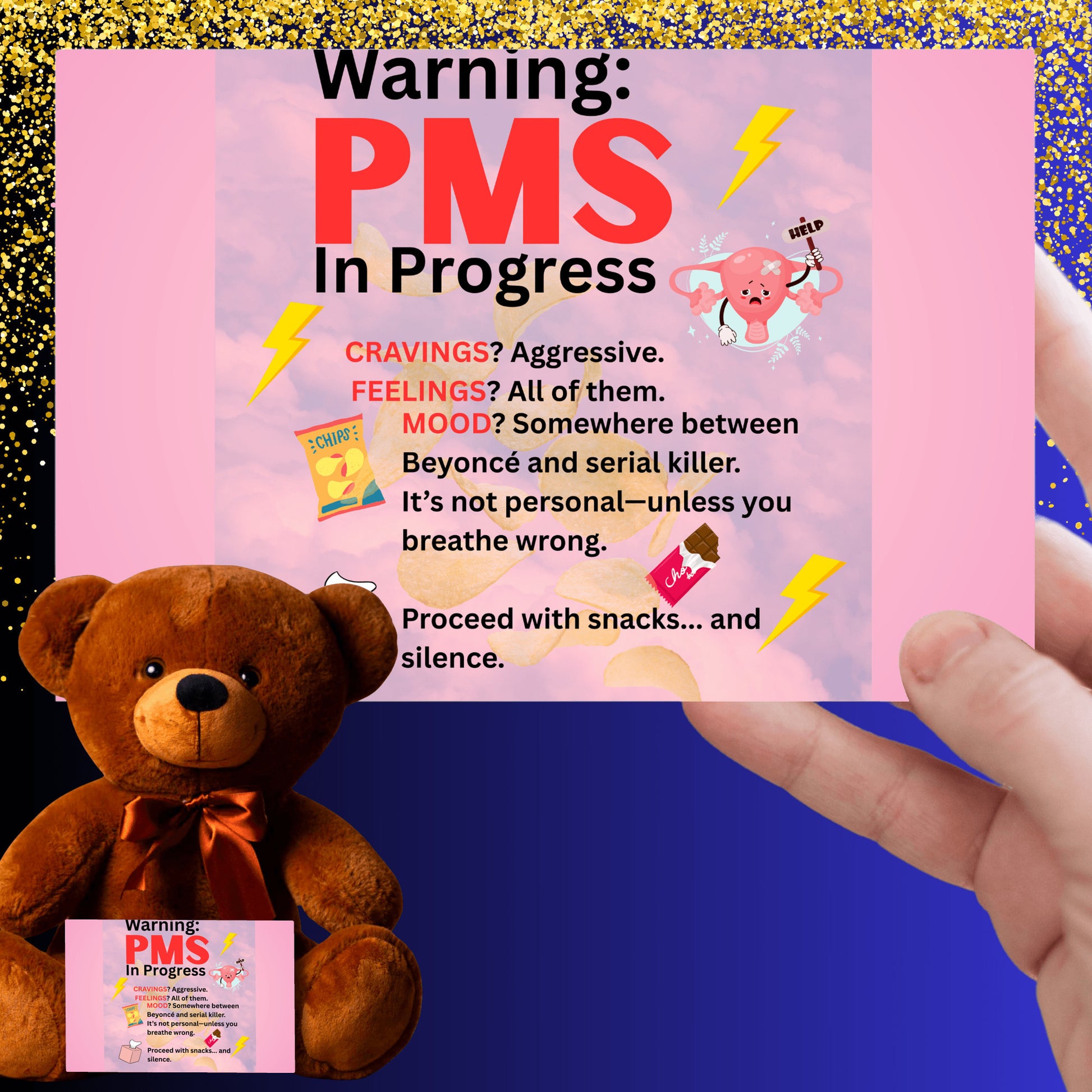 Bold comic-style PMS warning card with a pink storm background, cartoon icons like thunderclouds, chocolate bars, and explosive emojis, delivering a humorous and edgy message.