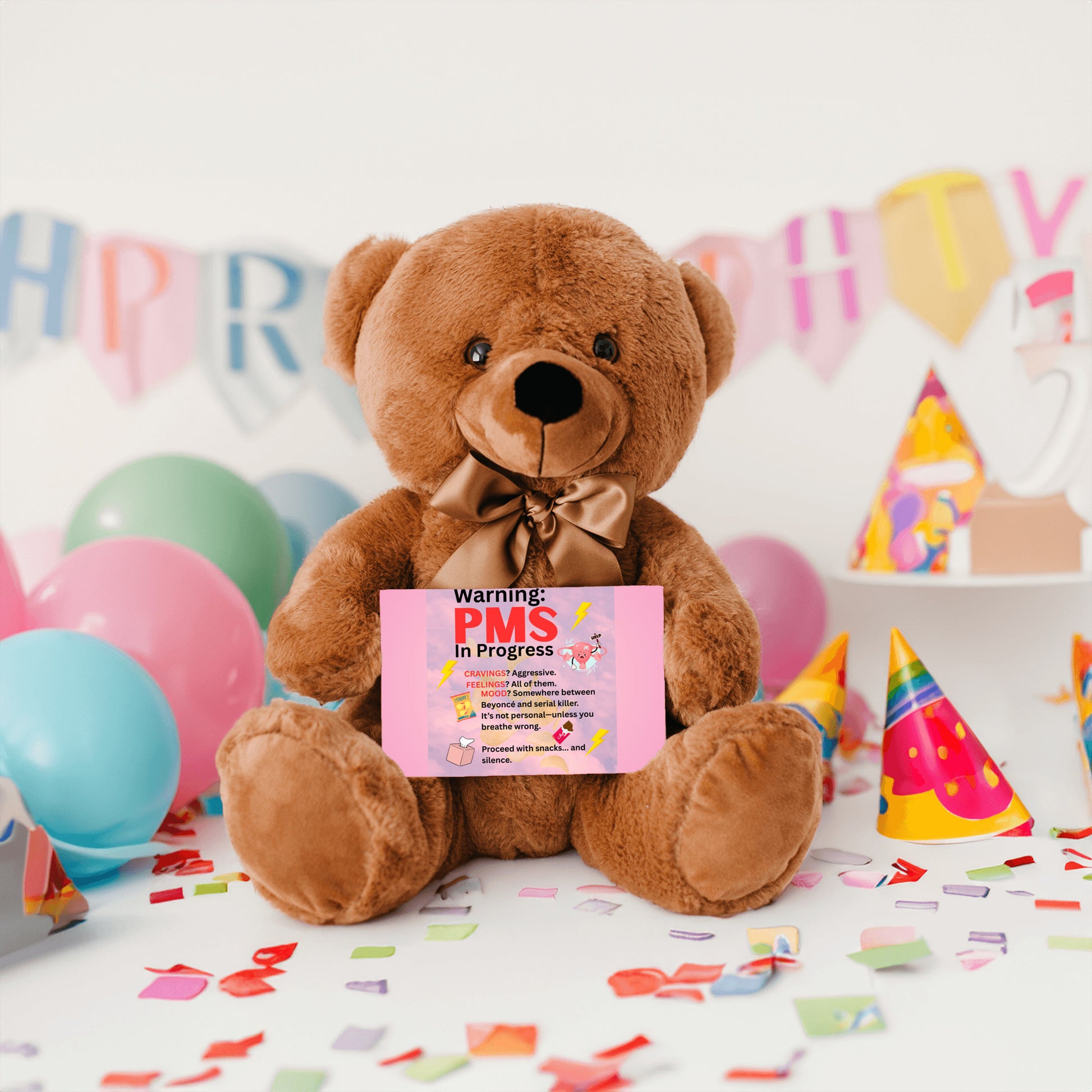 Bold comic-style PMS warning card with a pink storm background, cartoon icons like thunderclouds, chocolate bars, and explosive emojis, delivering a humorous and edgy message.
